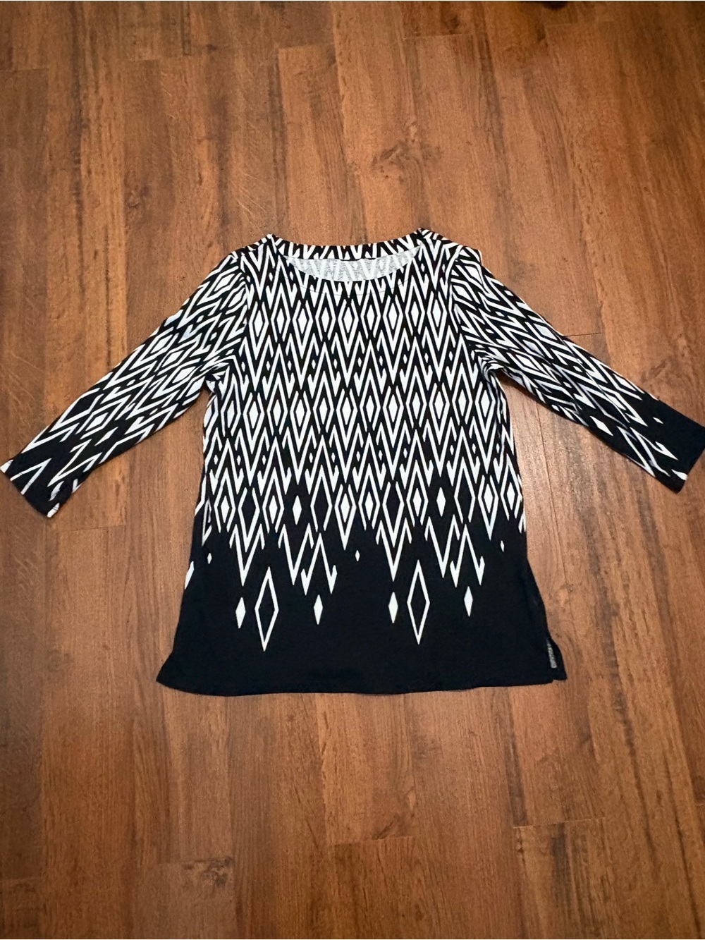 Rafaella Women’s Large Black White Geometric 3/4 Sleeve Cotton Tunic Top
